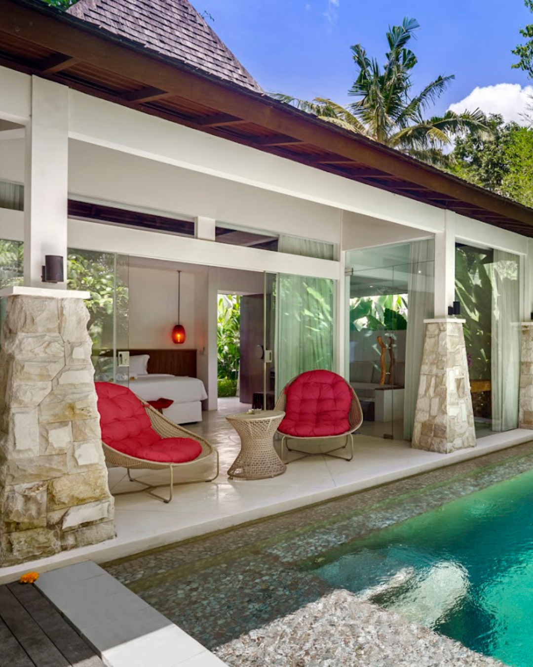 Visualize the unique features of various types of luxurious resorts.