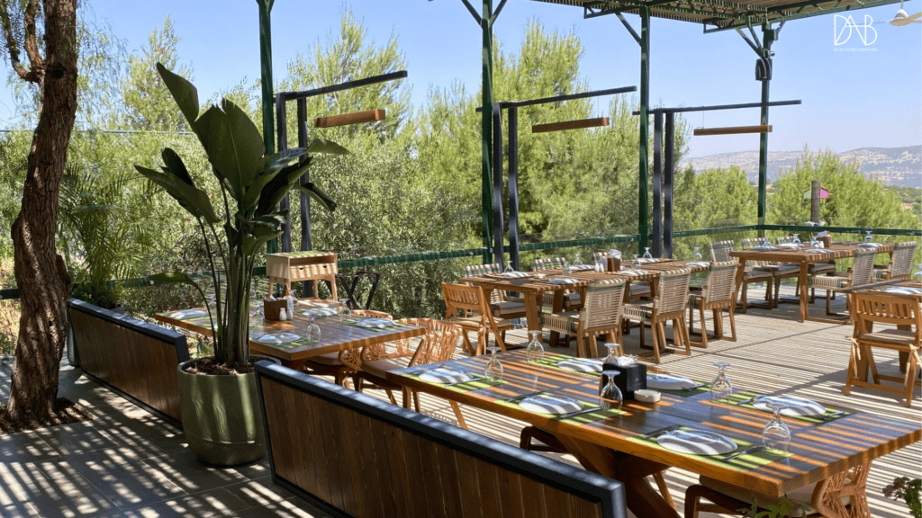 Restaurant interior with sets of rope furniture