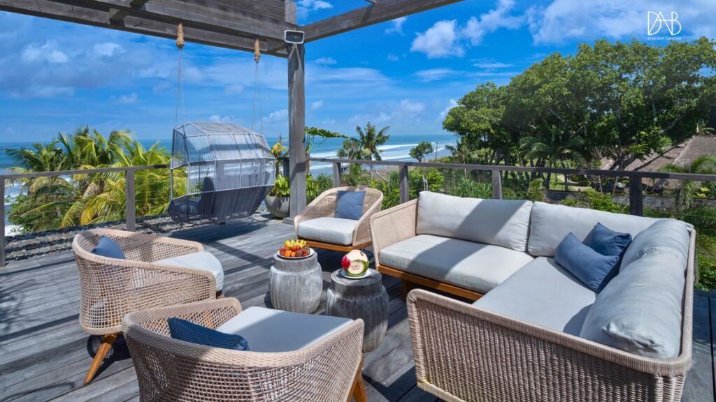 Set of rope furniture on terrace facing the sea