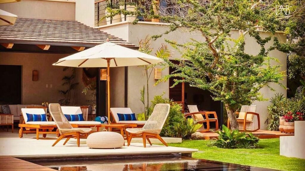 3 daybeds rope outdoor furniture beside pool