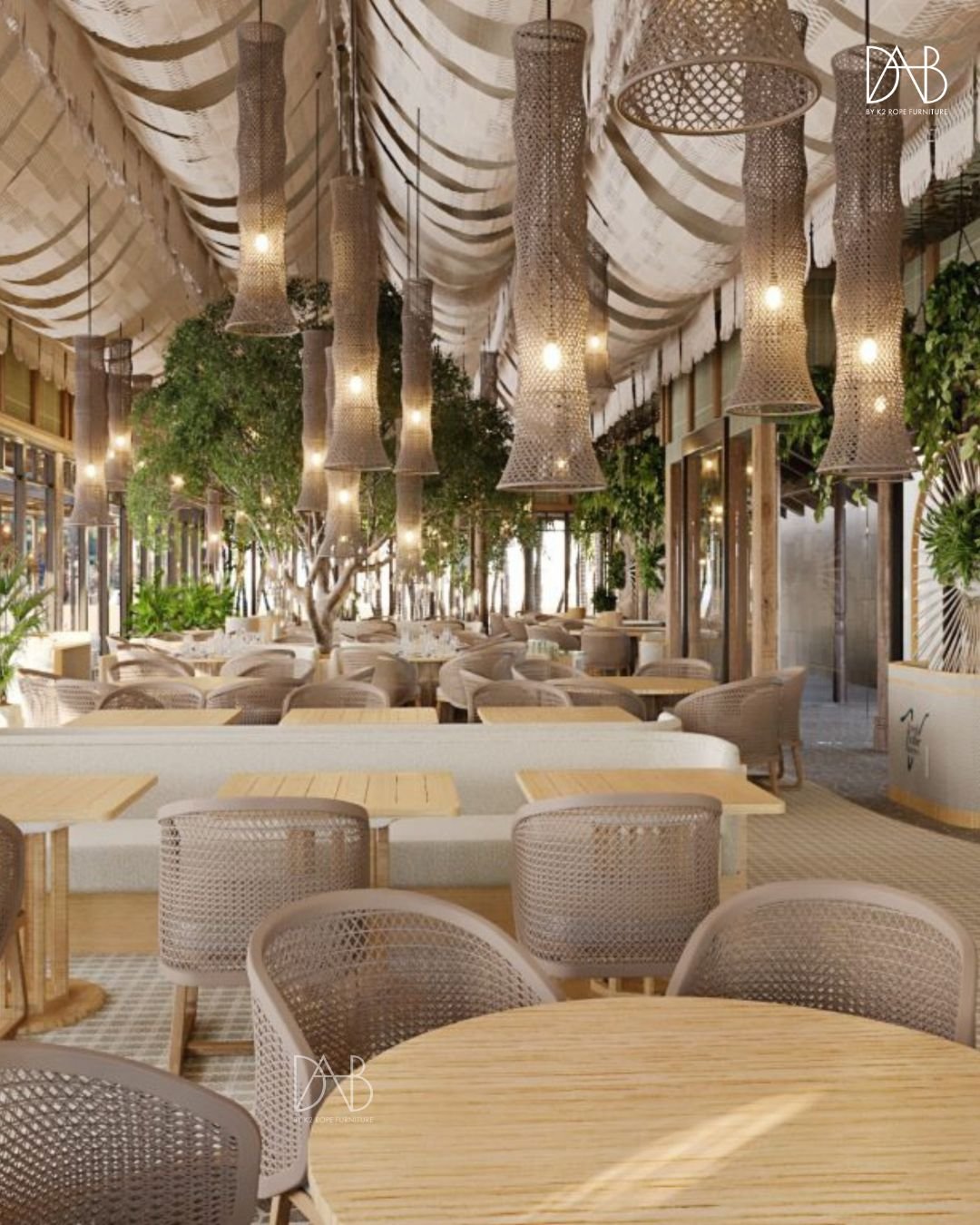 Some rope furnitures of dining table in restaurant